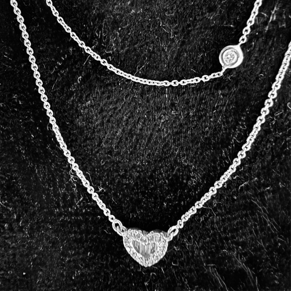 Jewelry - 18K White Gold Natural Brazilian Diamond Necklaces (2) Heart & Bezel Set